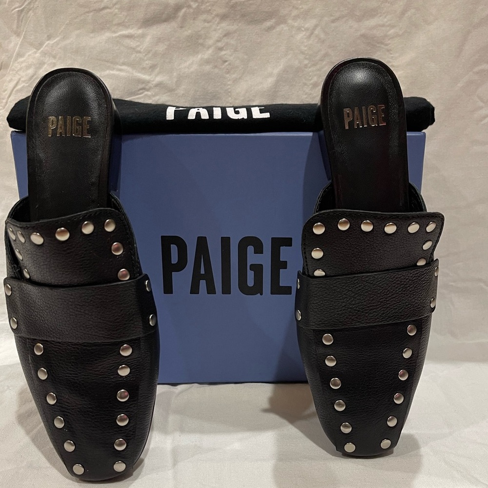 PAIGE Georgie Black Leather Mules with Silver Accents Size 7.5
